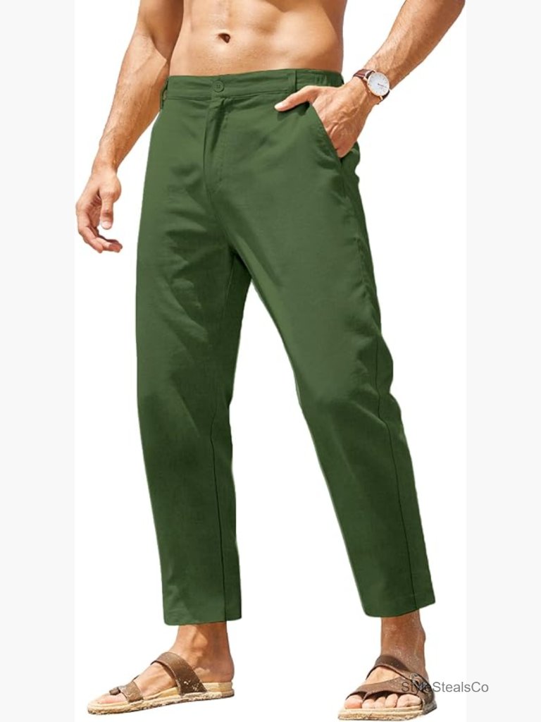 Men's Cotton Linen Pants Elastic Waist Lightweight Casual Relaxed Fit